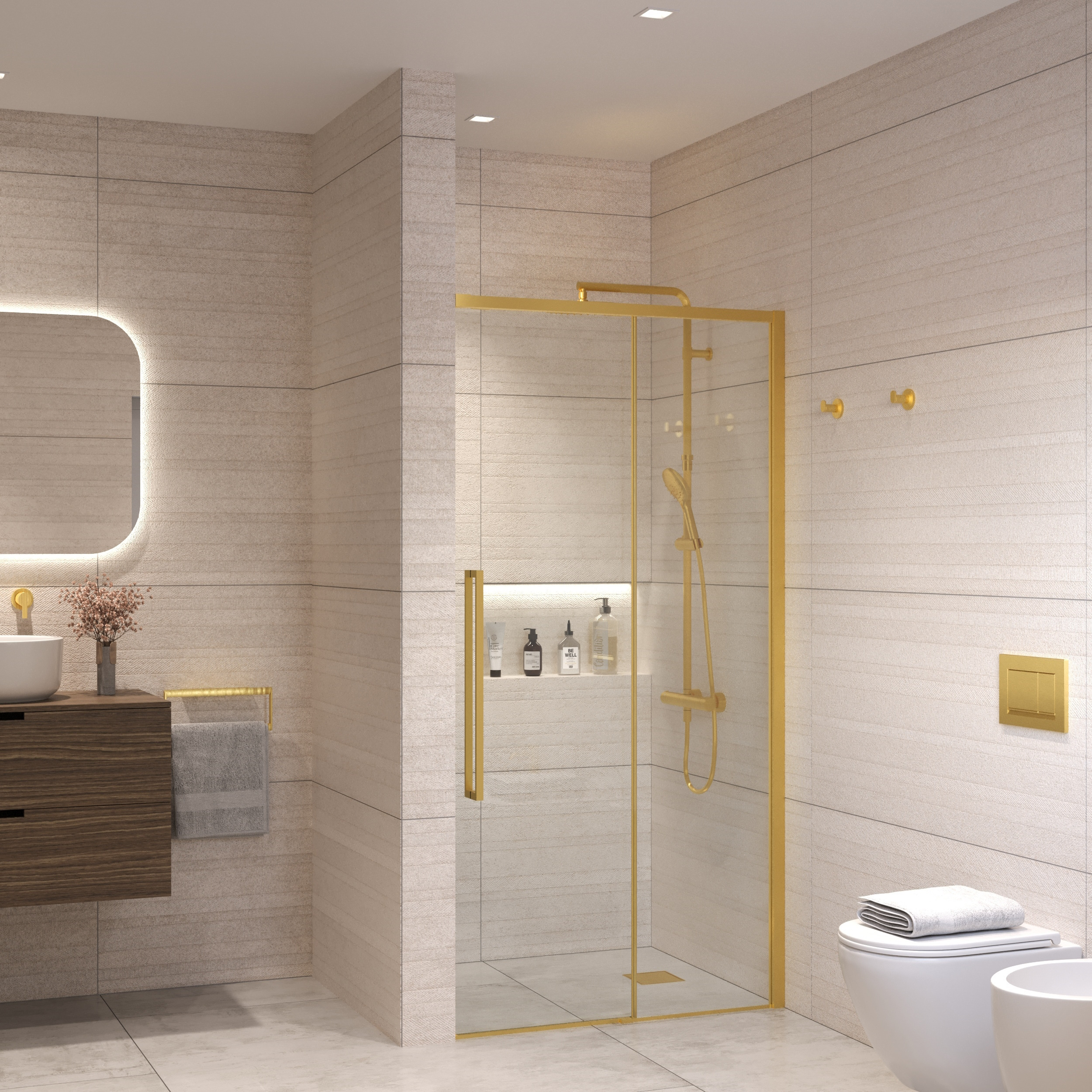 Sanivo Nisdeur  Nova Soft Close 130x200 cm Geborsteld Messing Goud Helder Nano 8 mm
