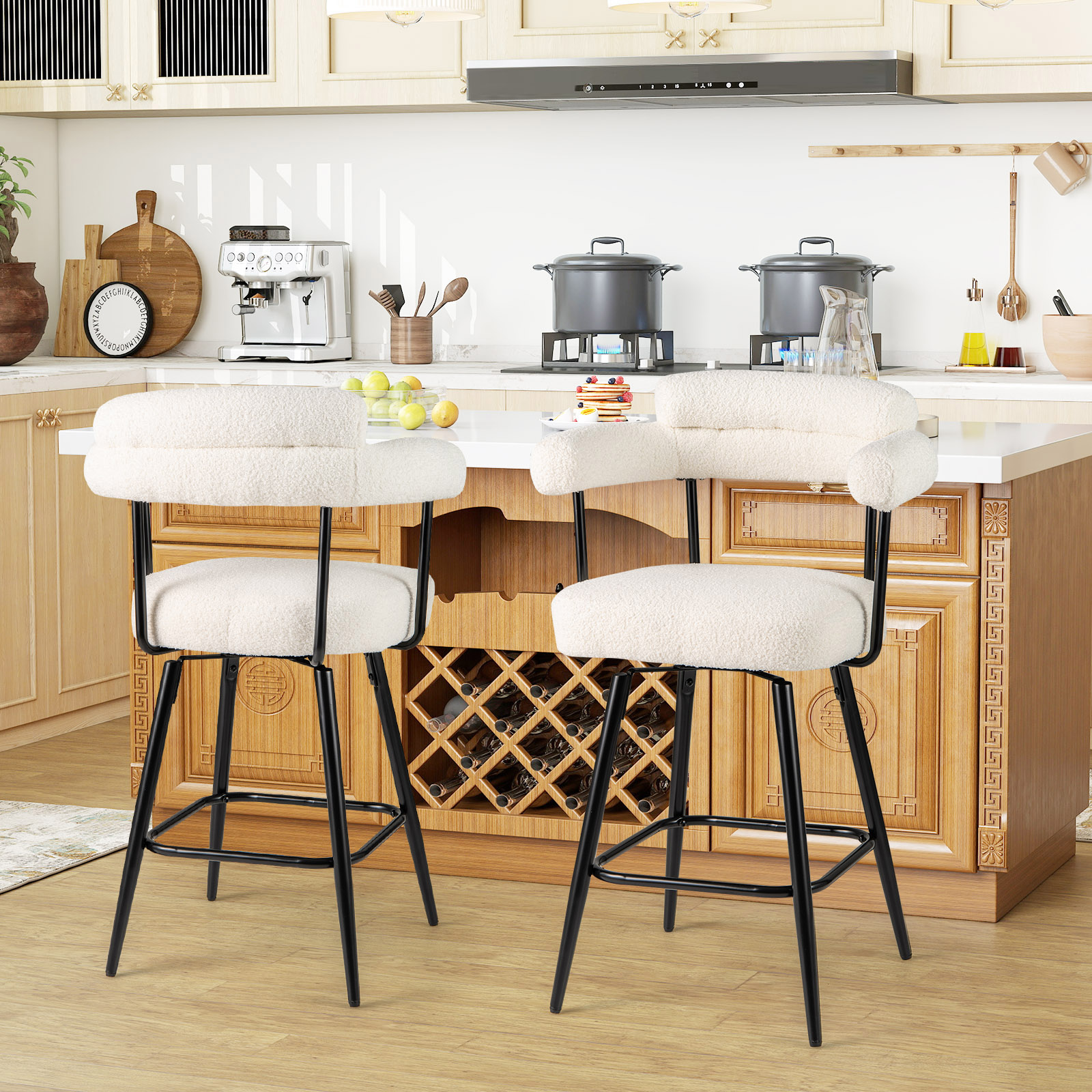 Costway 2-delige set Barkrukken Gevoerde Bartafelhocker 360° Draaibare Zitting Bistrokruk Wit
