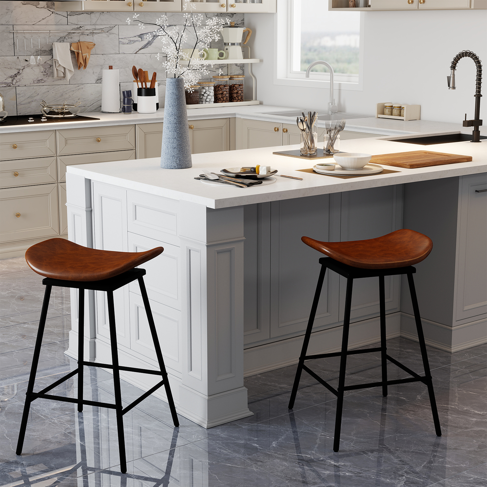 Costway 2-delige set Draaibare Barstoelen met Gevoerd Kunstlederen Zitvlak en Voetensteun Moderne Hoge Barstoel Bruin