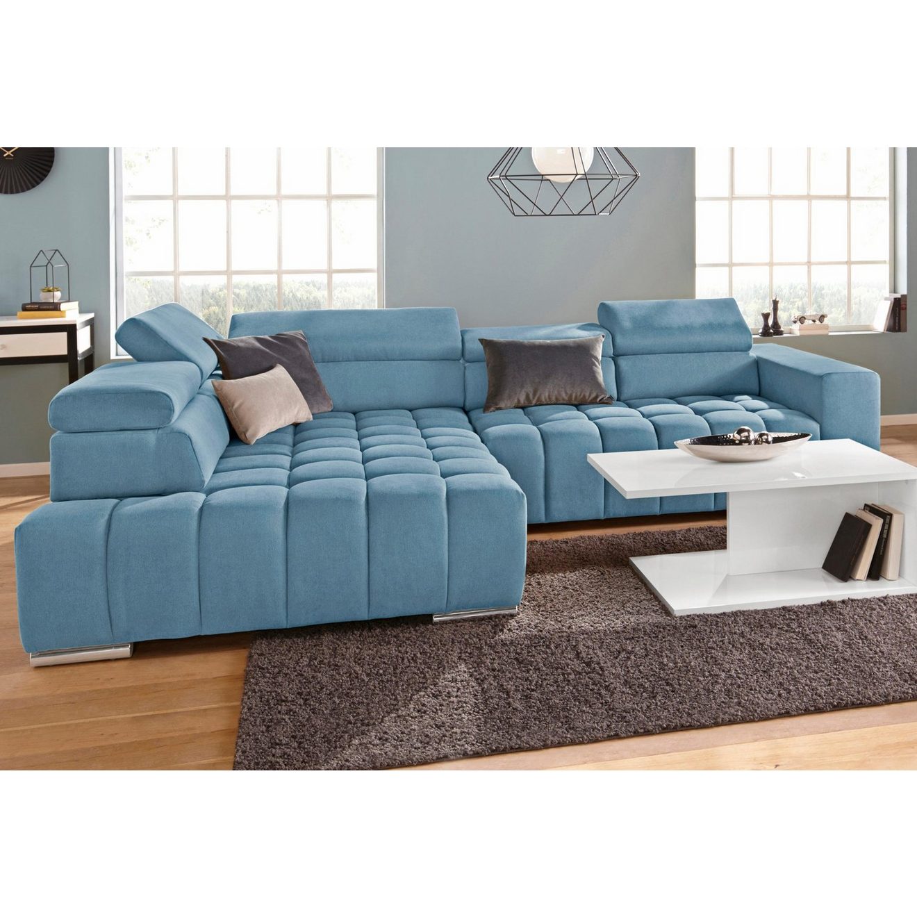 Exxpo - sofa fashion Hoekbank Elias, actuele kruissteek in de zitting, comfortabel, L-vorm met verstelbare hoofdsteun resp. rugleuning, naar keuze met slaapfunctie