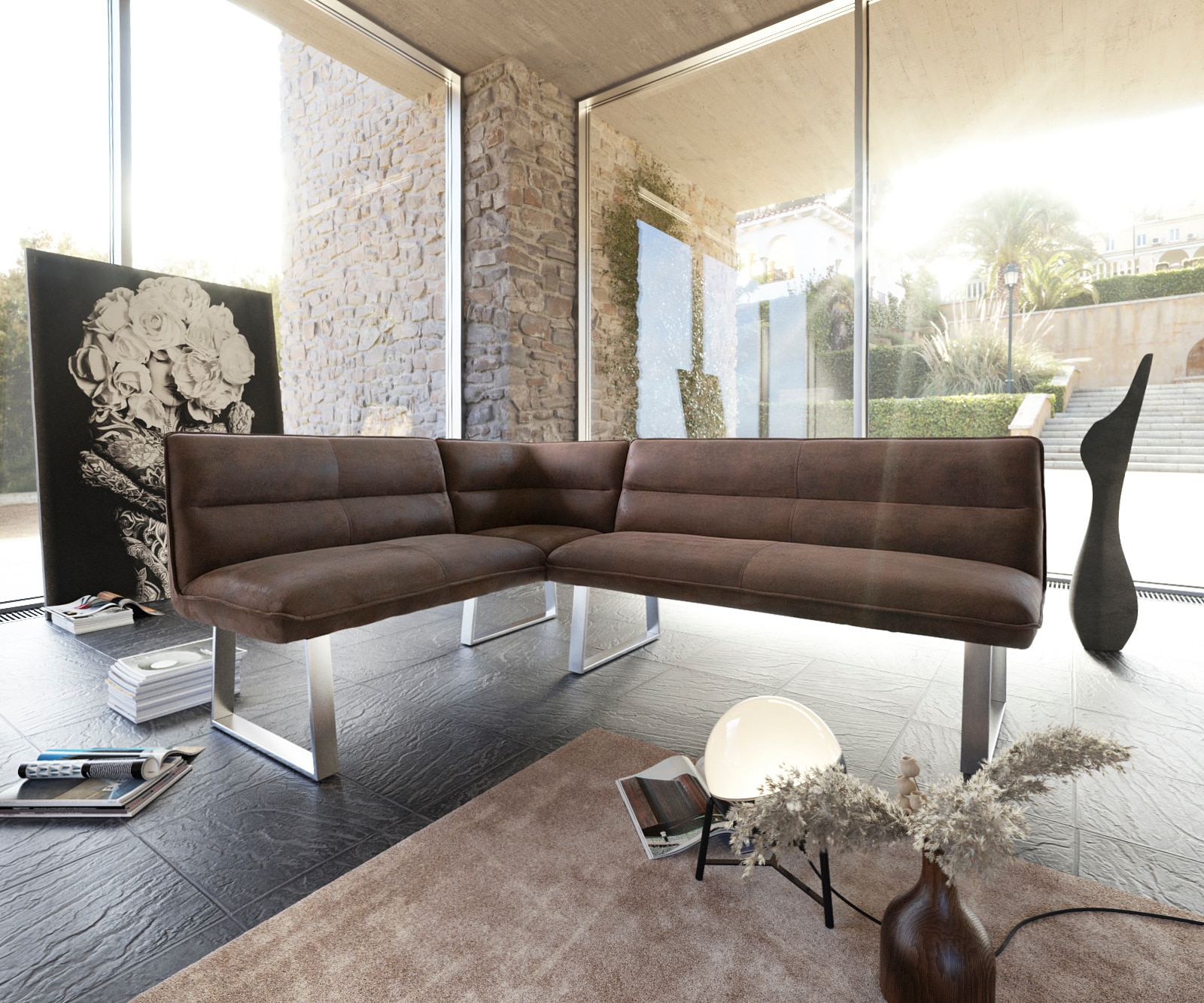DELIFE Eckbank Salvo 200x160 cm Braun Vintage Edelstahl Gestell Variabel