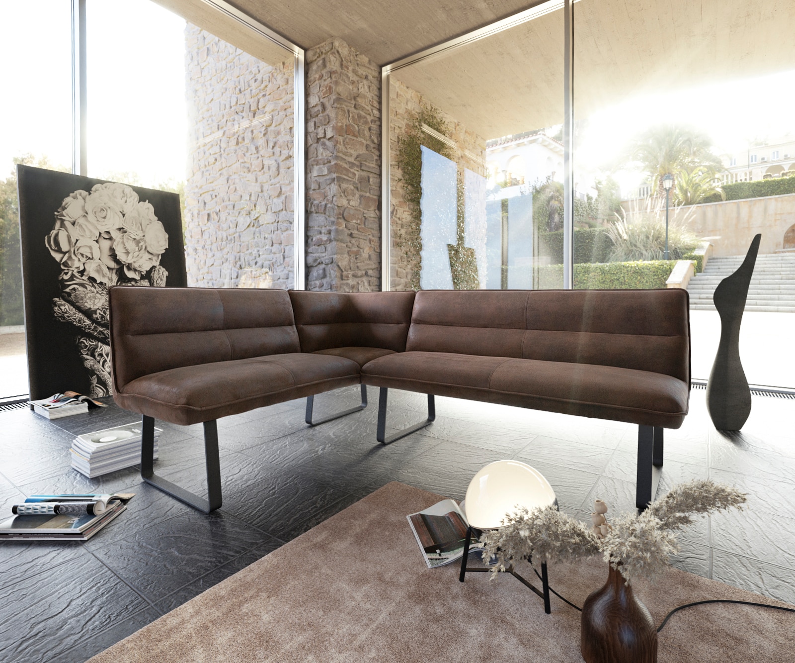 DELIFE Eckbank Salvo 200x160 cm Braun Vintage Metall Schwarz Variabel