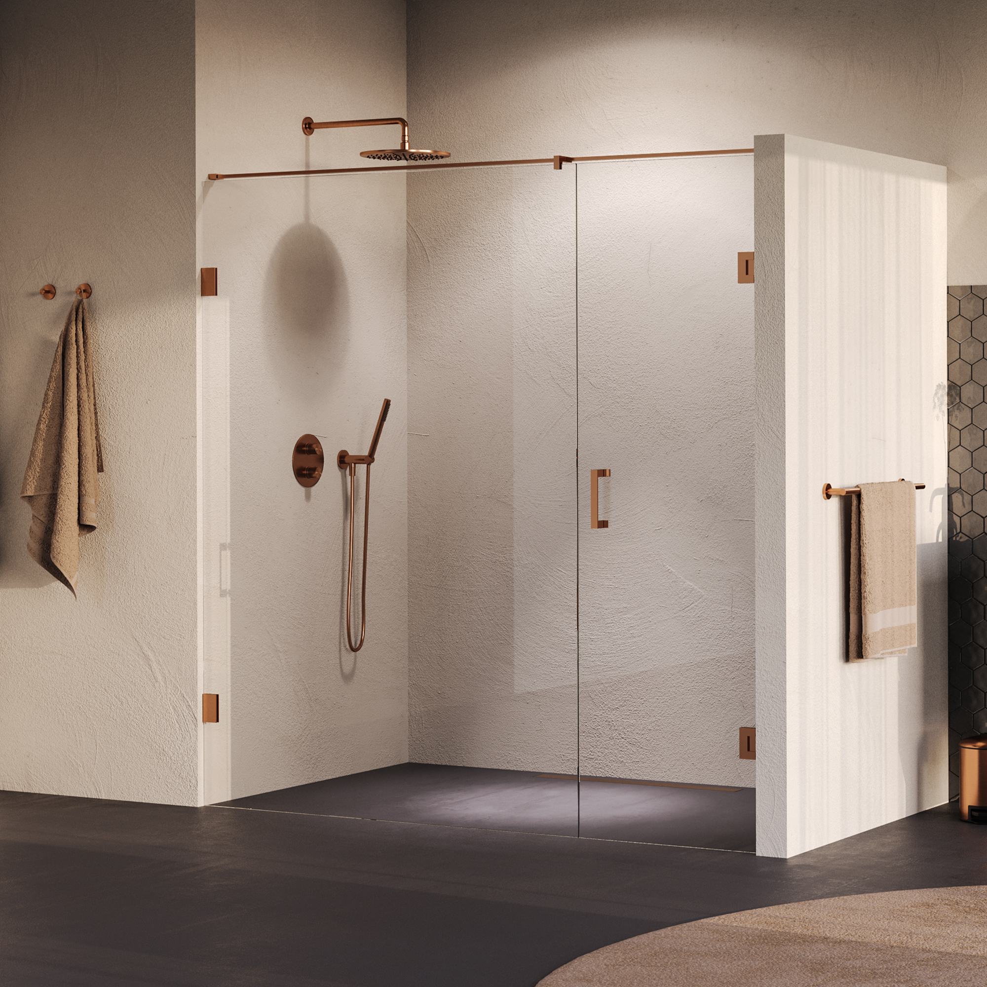 Brauer Void nisdeur 2-delig helder glas 200x200 omkeerbaar met draaideur 70 aan muur incl. glascoating PVD koper