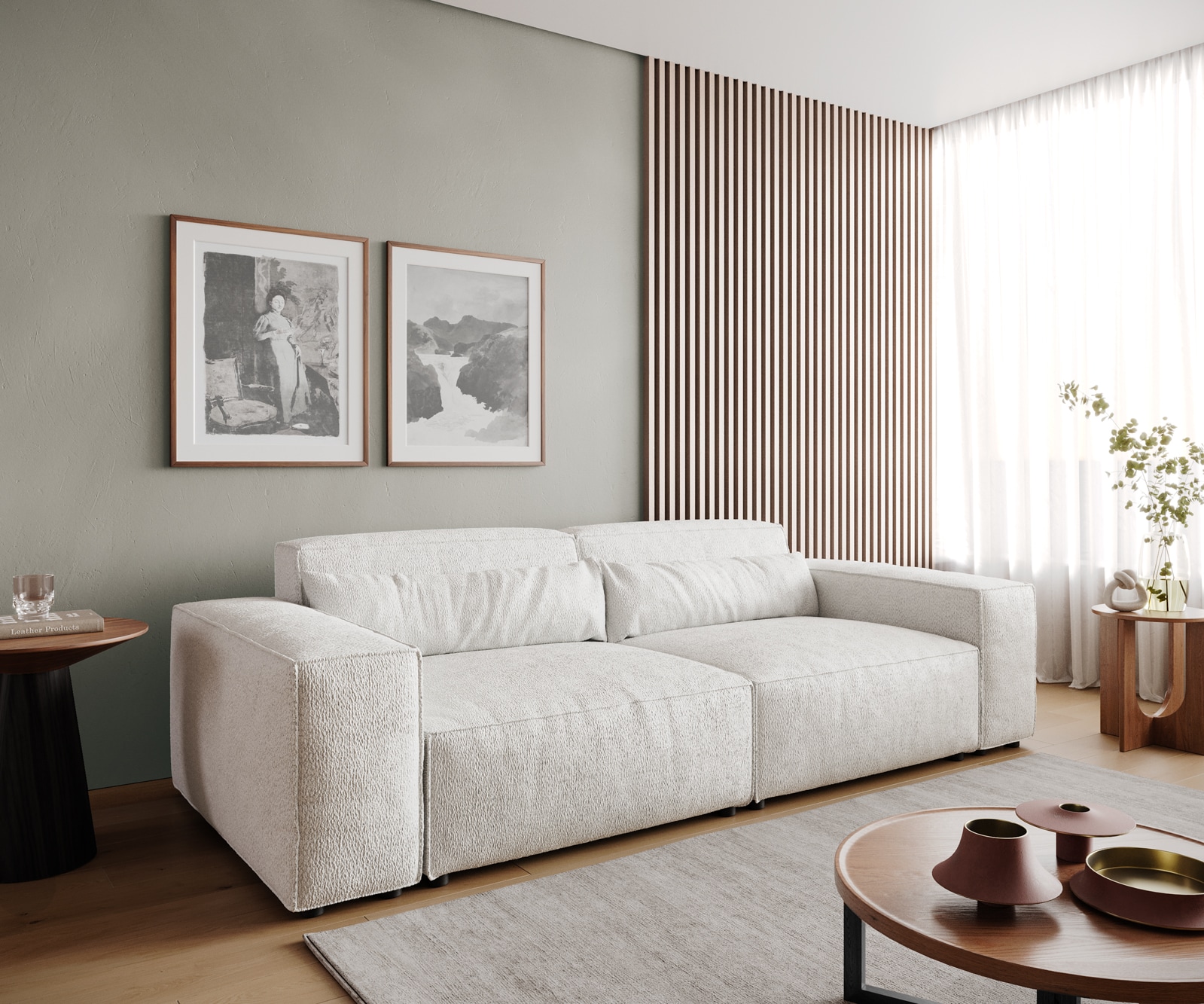 DELIFE Big-Sofa Sirpio 230x90 cm Bouclé Creme-Weiß