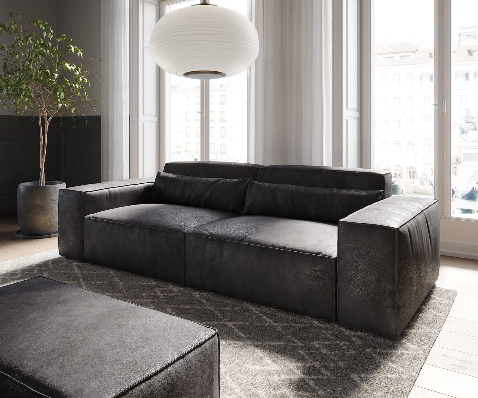 DELIFE Big-Sofa Sirpio 230x90 cm Lederimitat Vintage Anthrazit  mit Hocker