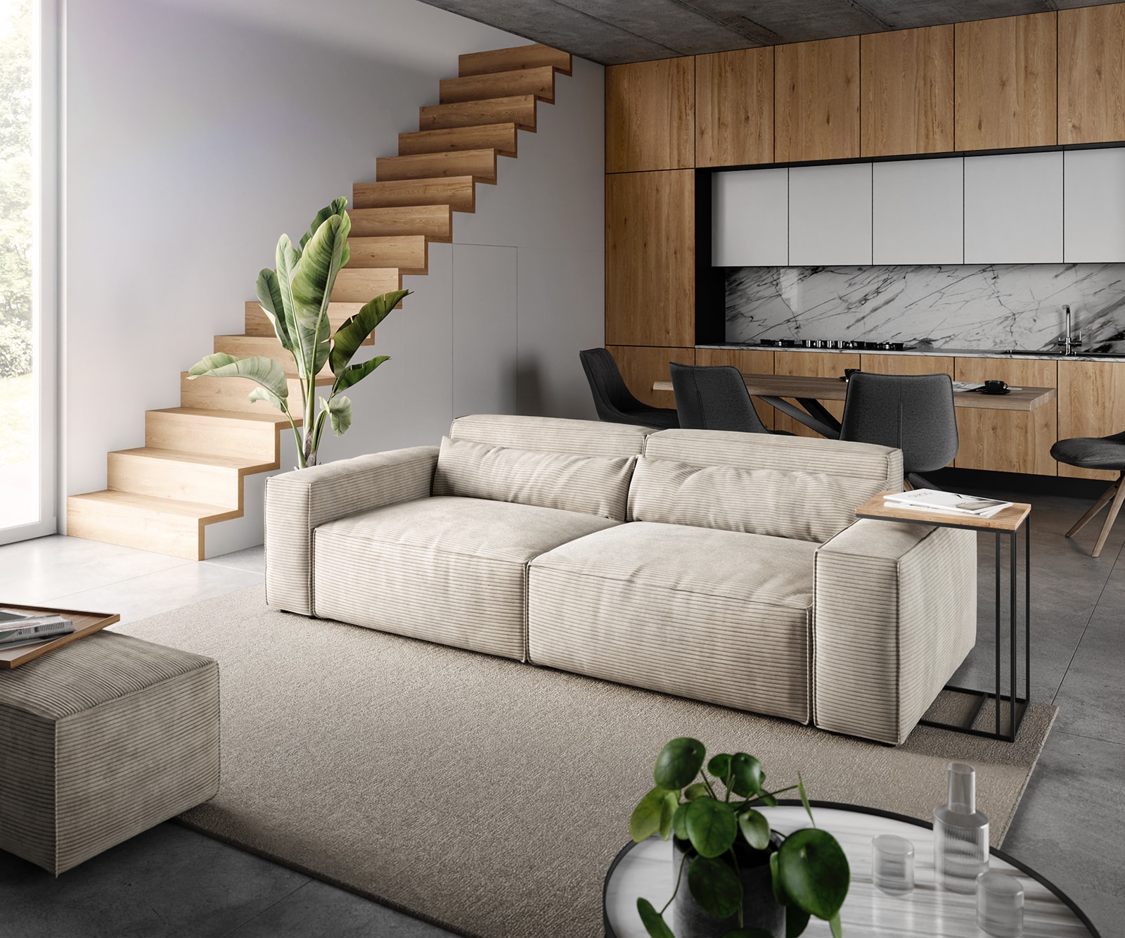 DELIFE Big-Sofa Sirpio 230x90 cm Cord Beige mit Hocker
