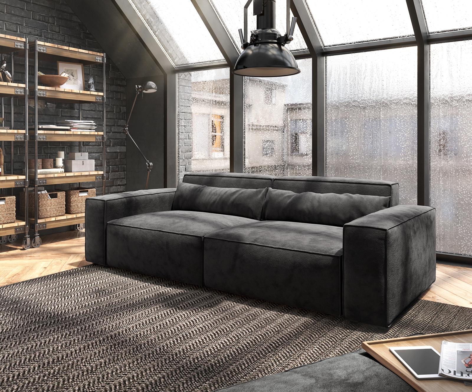 DELIFE Big-Sofa Sirpio 230x90 cm Mikrofaser Schwarz mit Hocker
