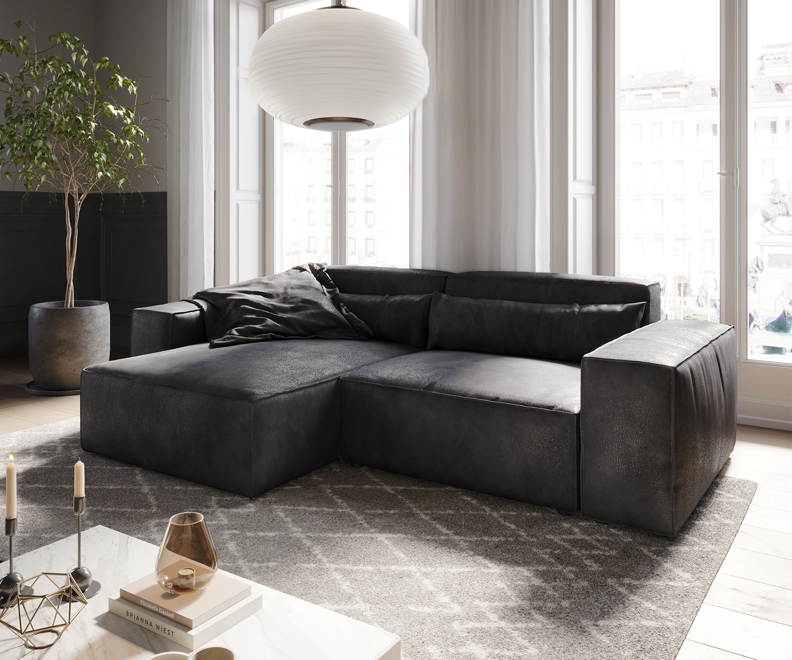 DELIFE Ecksofa Sirpio 230x150 cm Lederimitat Vintage Anthrazit Recamiere variabel