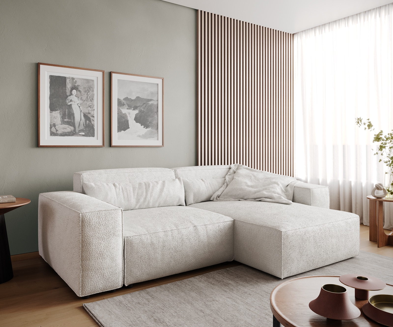 DELIFE Ecksofa Sirpio 230x150 cm Bouclé Creme-Weiß Recamiere variabel