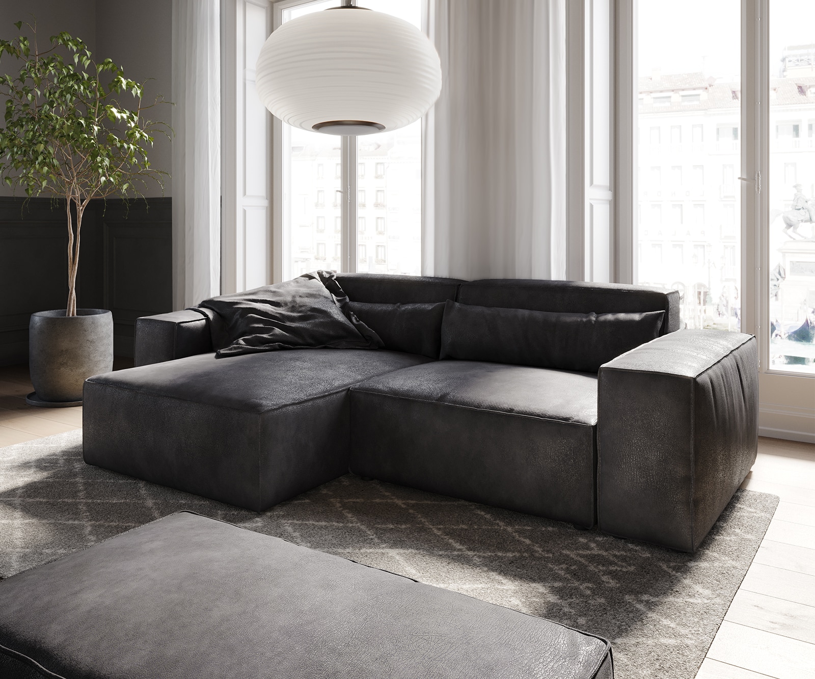 DELIFE Ecksofa Sirpio 230x150 cm Lederimitat Vintage Anthrazit Recamiere variabel mit Hocker