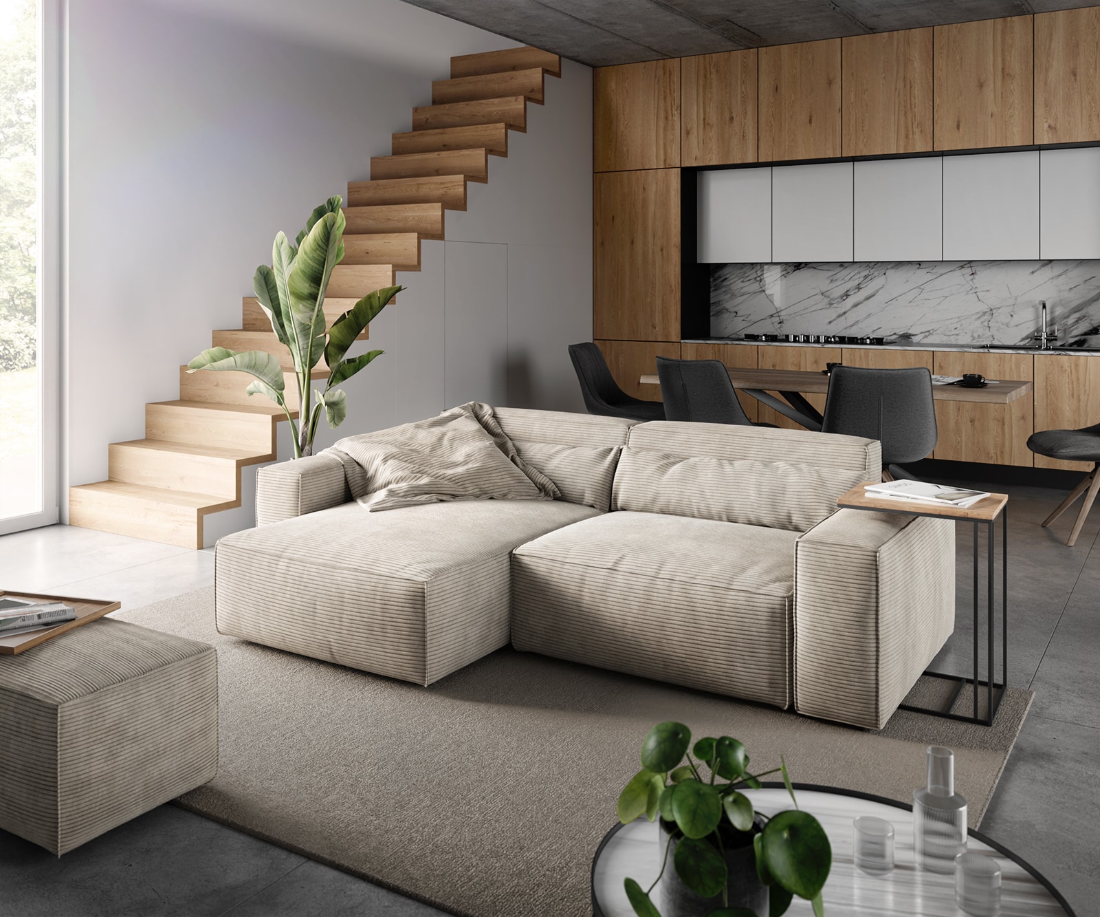 DELIFE Ecksofa Sirpio 230x150 cm Cord Beige Recamiere variabel mit Hocker