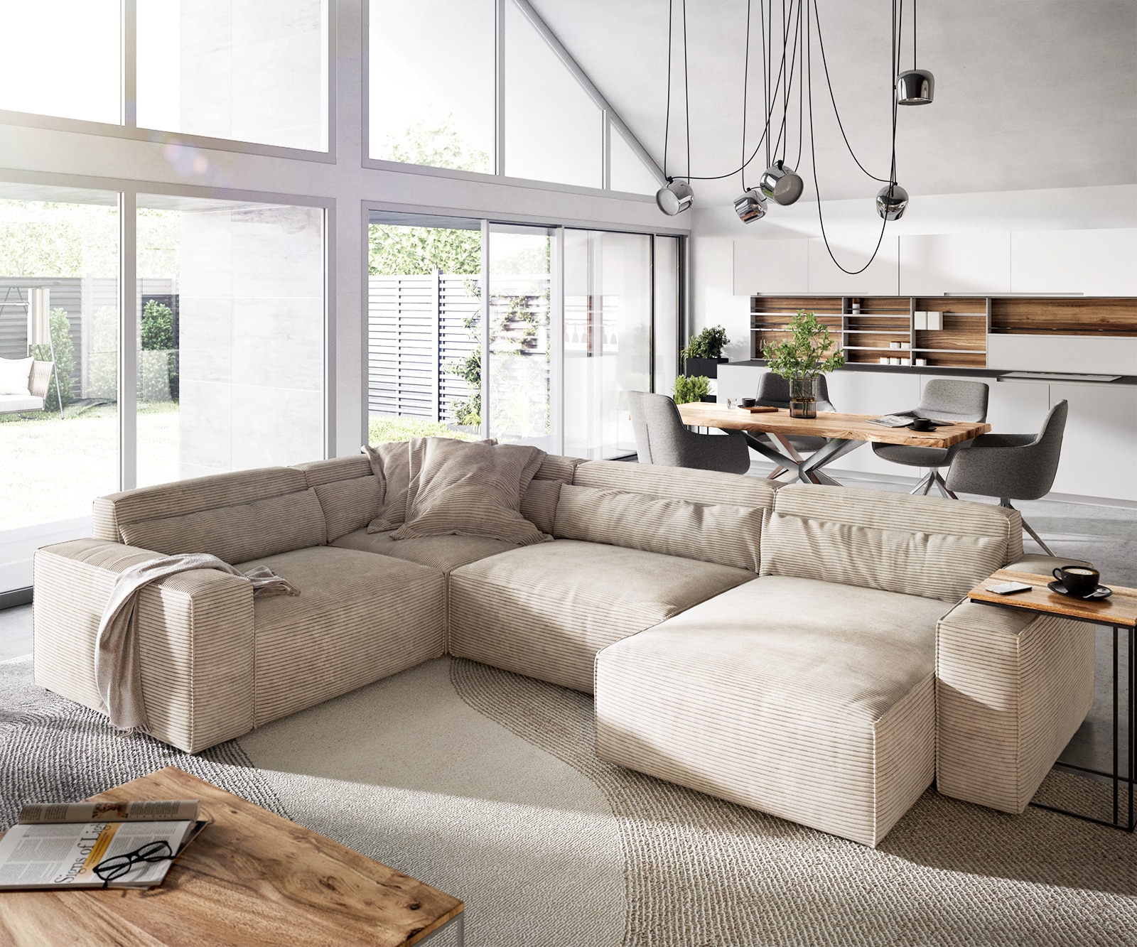 DELIFE Wohnlandschaft Sirpio 300x200 cm Cord Beige Recamiere variabel