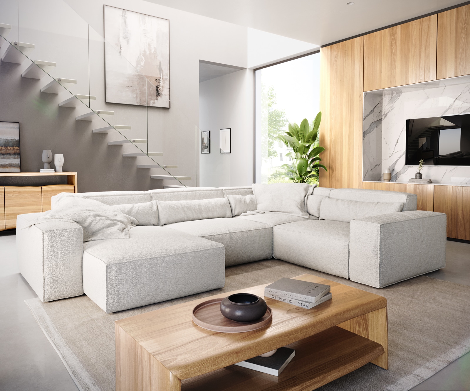DELIFE Wohnlandschaft Sirpio 300x200 cm Bouclé Creme-Weiß Recamiere variabel