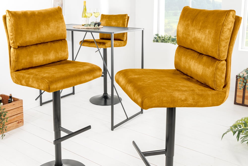 Invicta Interior In hoogte verstelbare barkruk COMFORT mosterdgeel fluweel draaibaar met zwart metalen rugleuning - 43652