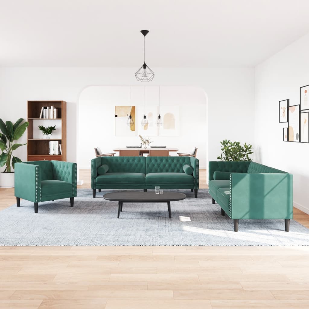 vidaXL 3-delige Loungeset Chesterfield en bolsters fluweel donkergroen