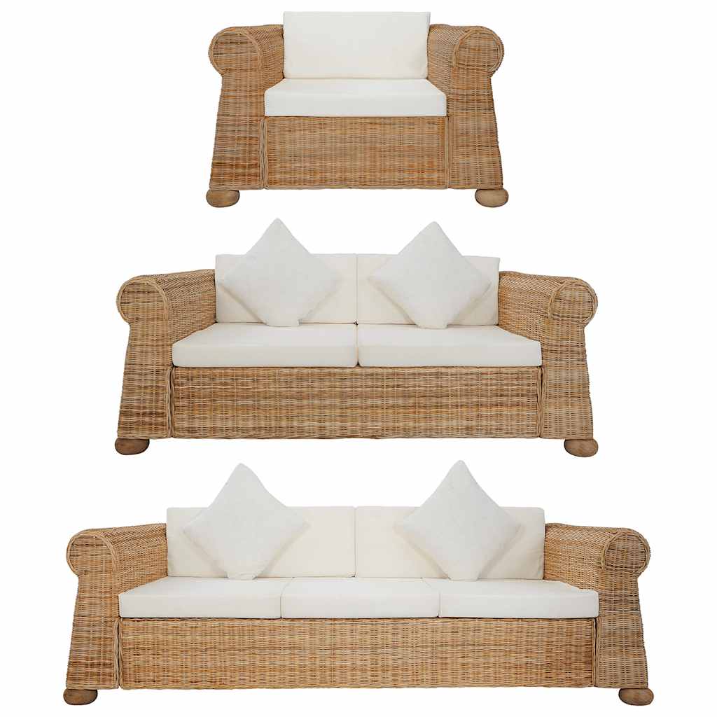 vidaXL 3-delig Bankstel met kussens natuurlijk rattan