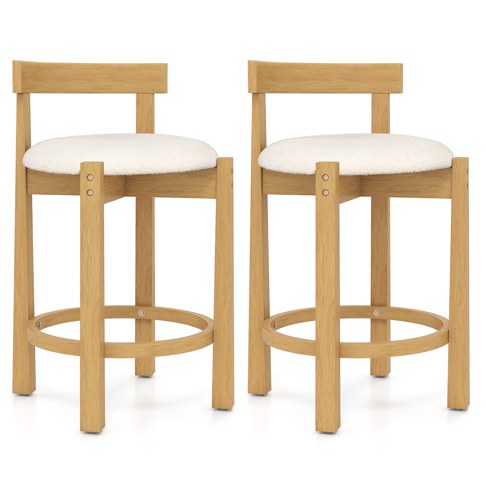 Costway 2-delige set Barkrukken Barstoelen Hout met Rugleuning & Voetsteunen Keukenkrukken Zithoogte 62cm Natuur