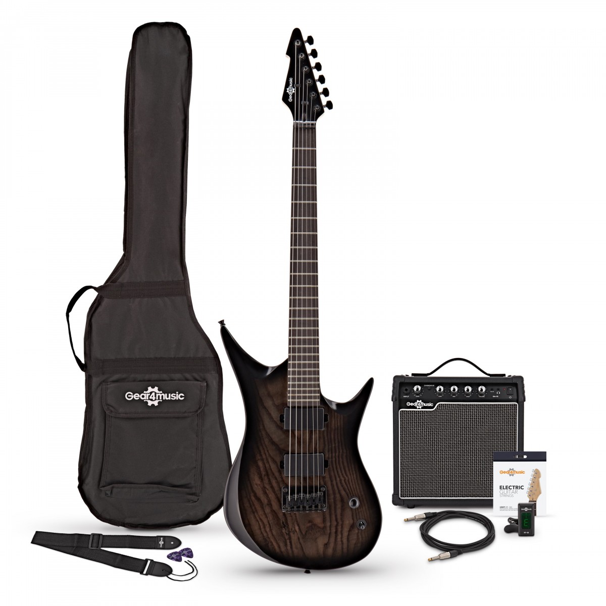 Gear4Music Harlem 6 Elektrische Gitaar + 15 W Versterkerpakket Trans Black