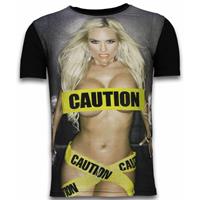 Local Fanatic Caution - Digital Rhinestone T-shirt - Zwart