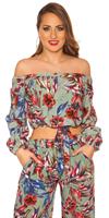 cosmodacollection Sexy off shoulder shirt floral print with loop Khaki