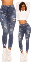 cosmodacollection Sexy skinny hoge taille jeans gebruikte used look met print jeansblauw