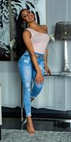 cosmodacollection Sexy hoge taille gebruikte used look zomer jeans blauw