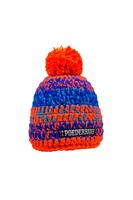 Korte muts met pompon - oranje/blauw