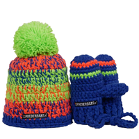 Poederbaas Kleurrijke babymuts met handschoentjes - limegroen/oranje/blauw