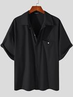 INCERUN Plus Size Mens Solid Concealed Placket Lapel Casual Short Sleeve Shirts
