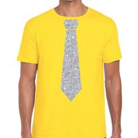 Bellatio Geel fun t-shirt met stropdas in glitter zilver heren
