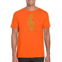 Bellatio Gouden muziek noot G-sleutel / muziek feest t-shirt / kleding - Oranje