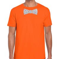 Bellatio Oranje fun t-shirt met vlinderdas in glitter zilver heren - Koningsdag shirt met strikje