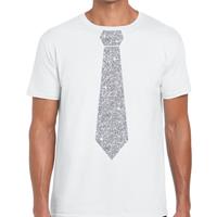 Bellatio Wit fun t-shirt met stropdas in glitter zilver heren