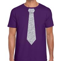 Bellatio Paars fun t-shirt met stropdas in glitter zilver heren