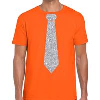 Bellatio Oranje fun t-shirt met stropdas in glitter zilver heren