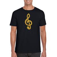 Bellatio Gouden muzieknoot G-sleutel / muziek feest t-shirt / kleding - Zwart