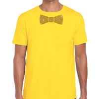 Bellatio Geel fun t-shirt met vlinderdas in glitter goud heren