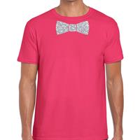 Bellatio Roze fun t-shirt met vlinderdas in glitter zilver heren - shirt met strikje