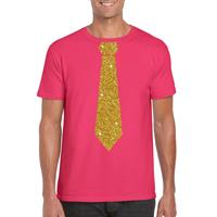 Bellatio Roze fun t-shirt met stropdas in glitter goud heren