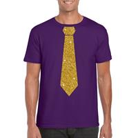 Bellatio Paars fun t-shirt met stropdas in glitter goud heren