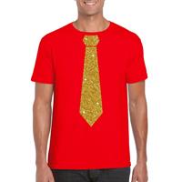 Bellatio Rood fun t-shirt met stropdas in glitter goud heren