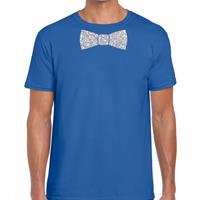 Bellatio Blauw fun t-shirt met vlinderdas in glitter zilver heren - shirt met strikje