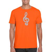 Bellatio Zilveren muziek noot G-sleutel / muziek feest t-shirt / kleding - Oranje