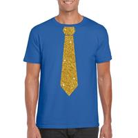 Bellatio Blauw fun t-shirt met stropdas in glitter goud heren