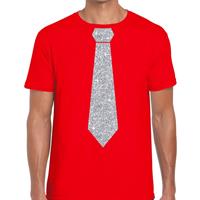 Bellatio Rood fun t-shirt met stropdas in glitter zilver heren
