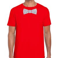 Bellatio Rood fun t-shirt met vlinderdas in glitter zilver heren - shirt met strikje