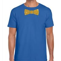 Bellatio Blauw fun t-shirt met vlinderdas in glitter goud heren