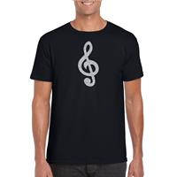 Bellatio Zilveren muzieknoot G-sleutel / muziek feest t-shirt / kleding - Zwart