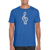 Bellatio Zilveren muzieknoot G-sleutel / muziek feest t-shirt / kleding - Blauw