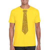 Bellatio Geel fun t-shirt met stropdas in glitter goud heren